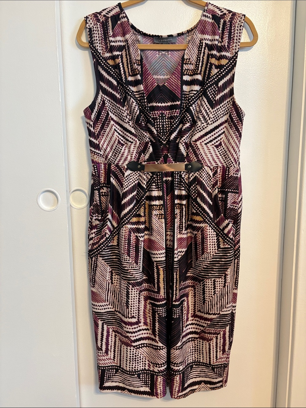 NY Collection Sleeveless Midi Dress in Burgundy, Black and Cream